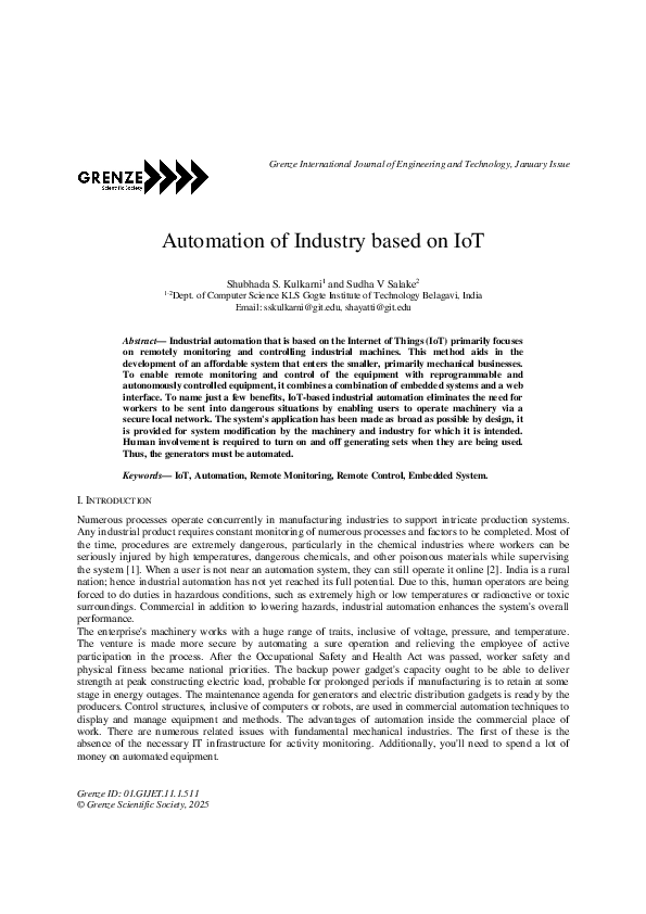 (PDF) Automation of Industry based on IoT