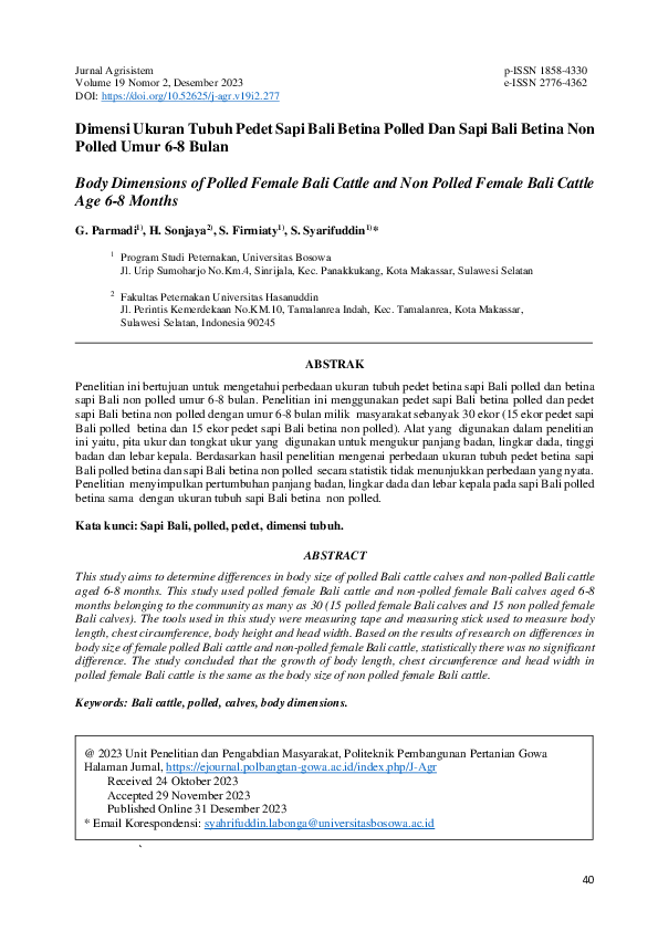 (PDF) Dimensi Ukuran Tubuh Pedet Sapi Bali Betina Polled Dan Sapi Bali ...
