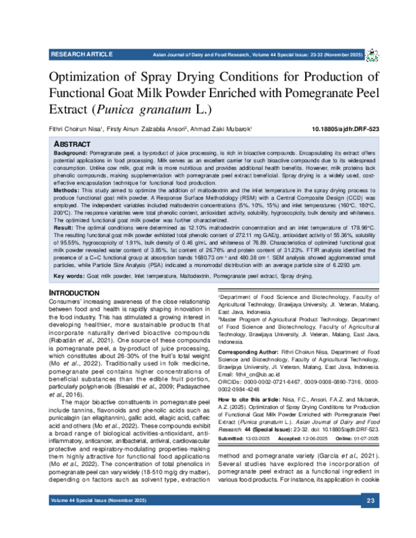 (PDF) Optimization of Spray Drying Conditions for Production of ...