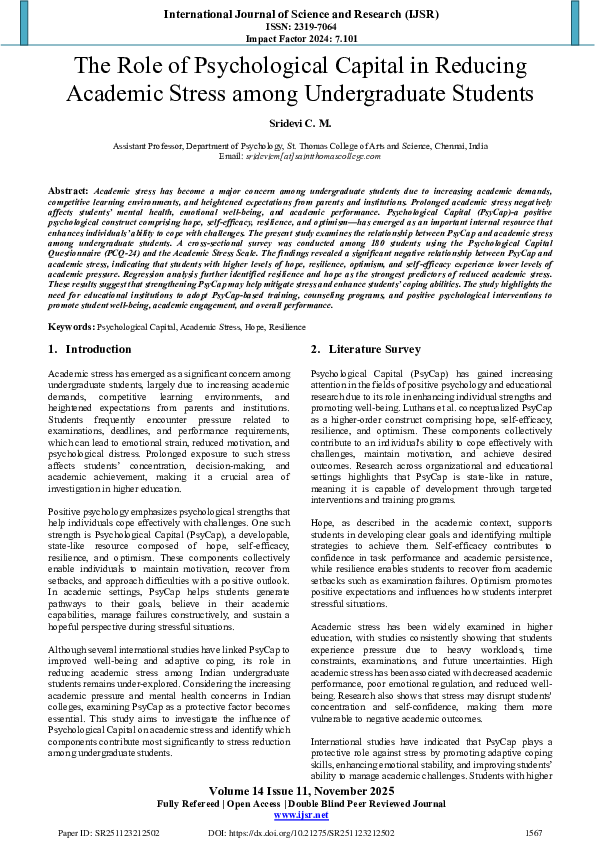 (PDF) The Role of Psychological Capital in Reducing Academic Stress ...
