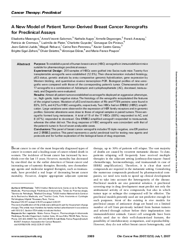 (PDF) A New Model of Patient Tumor-Derived Breast Cancer Xenografts for ...