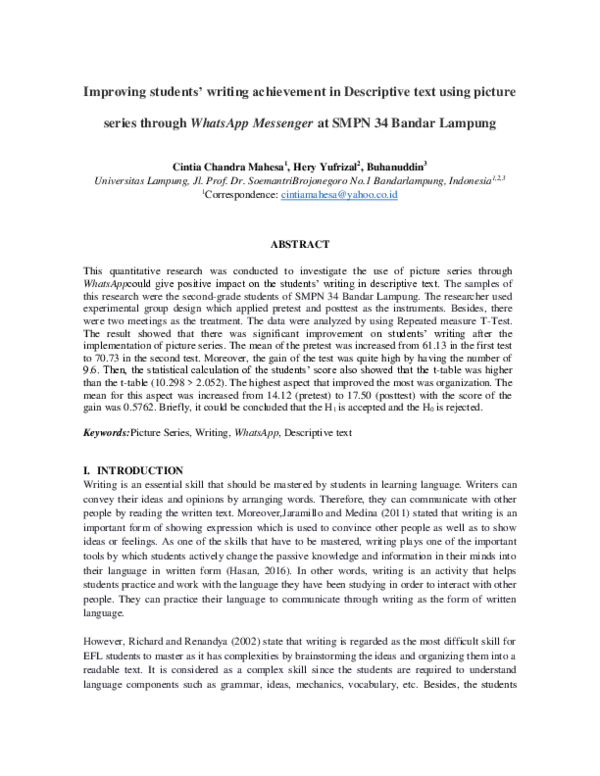 (PDF) Improving students’ writing achievement in descriptive text using ...