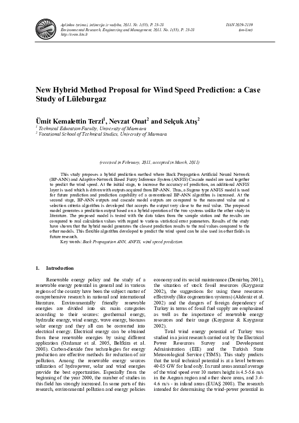 (PDF) New Hybrid Method Proposal for Wind Speed Prediction: a Case ...