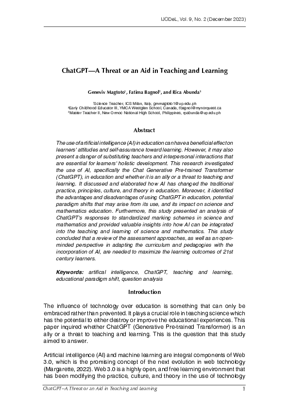 (PDF) ChatGPT — A Threat or an Aid in Teaching and Learning