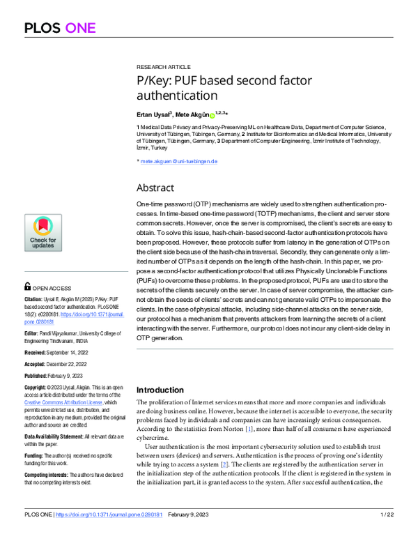 (PDF) P/Key: PUF based second factor authentication