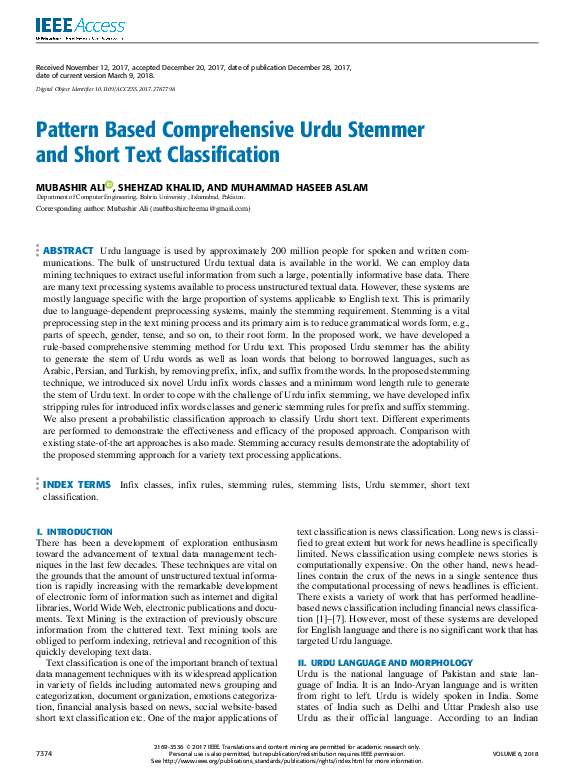 (PDF) Pattern Based Comprehensive Urdu Stemmer and Short Text ...