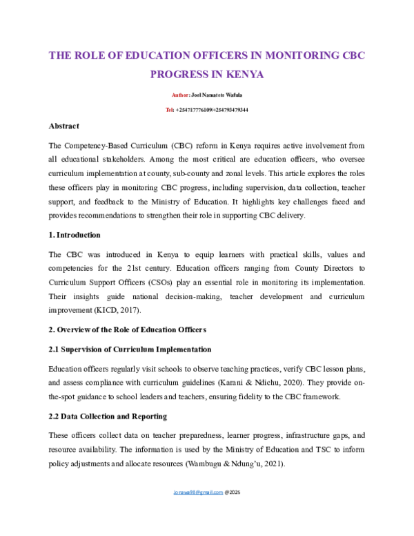 (PDF) THE ROLE OF EDUCATION OFFICERS IN MONITORING CBC PROGRESS IN KENYA
