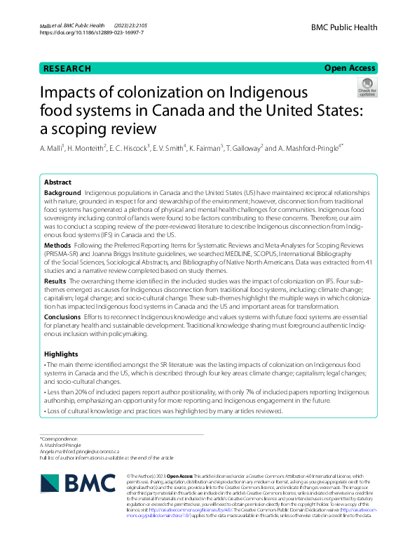 (PDF) Impacts of colonization on Indigenous food systems in Canada and ...