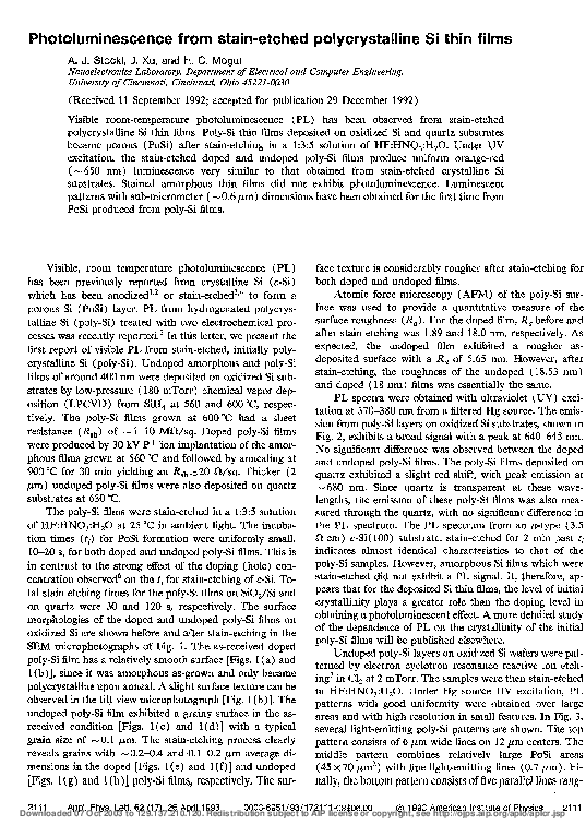 (PDF) Photoluminescence from stain-etched polycrystalline Si thin films