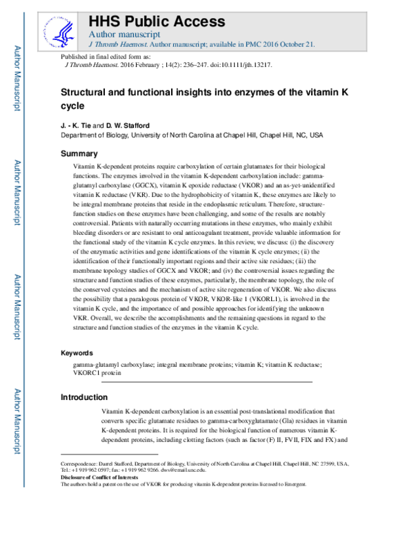 (PDF) Structural and functional insights into enzymes of the vitamin K ...