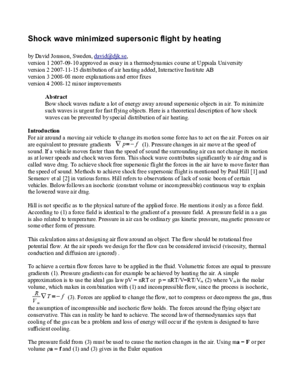 (PDF) Shock minimized supersonic flight by heating