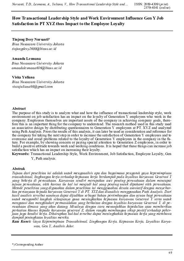(PDF) How Transactional Leadership Style and Work Environment Influence ...