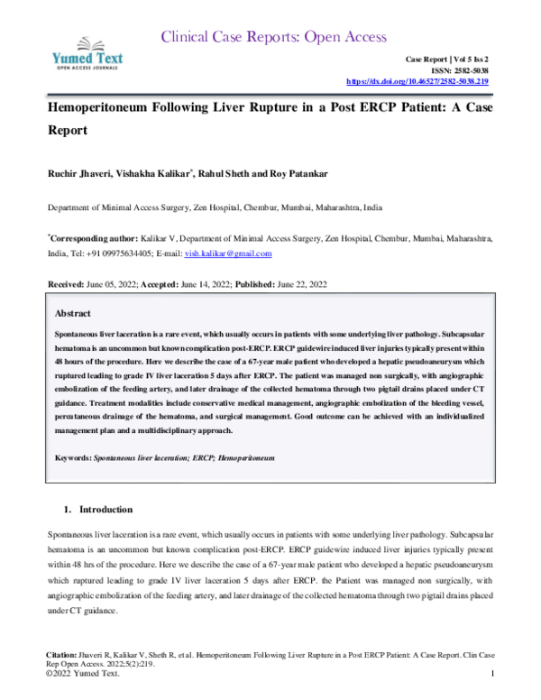 (PDF) Hemoperitoneum Following Liver Rupture in a Post ERCP Patient: A ...