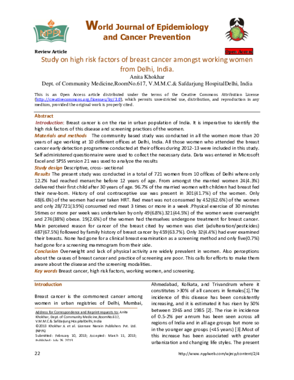 (PDF) Study on high risk factors of breast cancer amongst working women ...