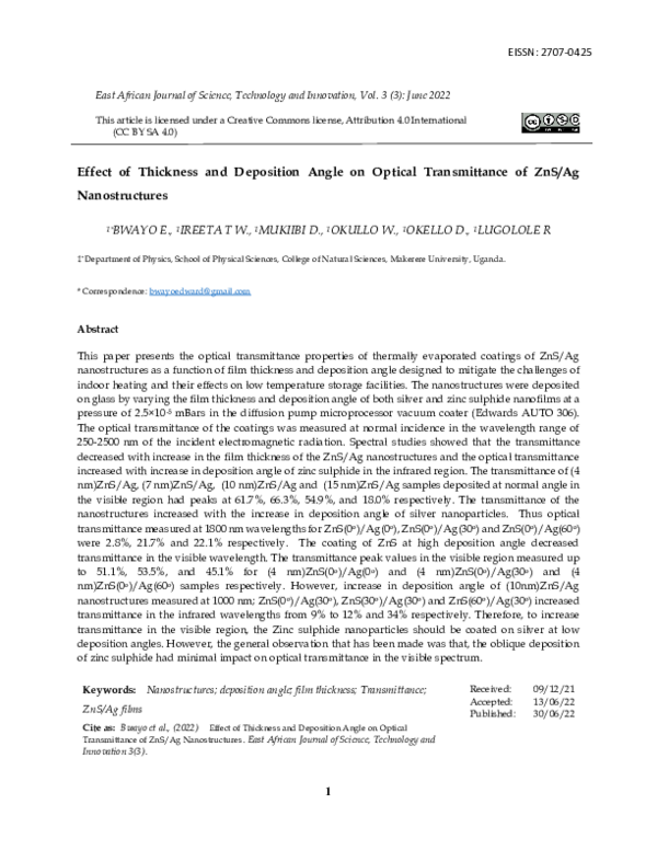 (PDF) Effect of Thickness and Deposition Angle on Optical Transmittance ...