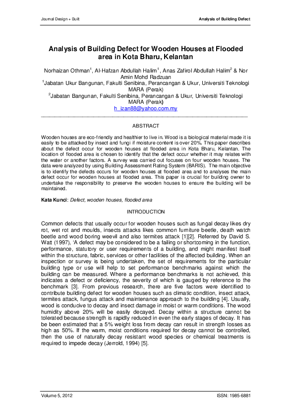 (PDF) Analysis of Building Defect for Wooden Houses at Flooded area in ...