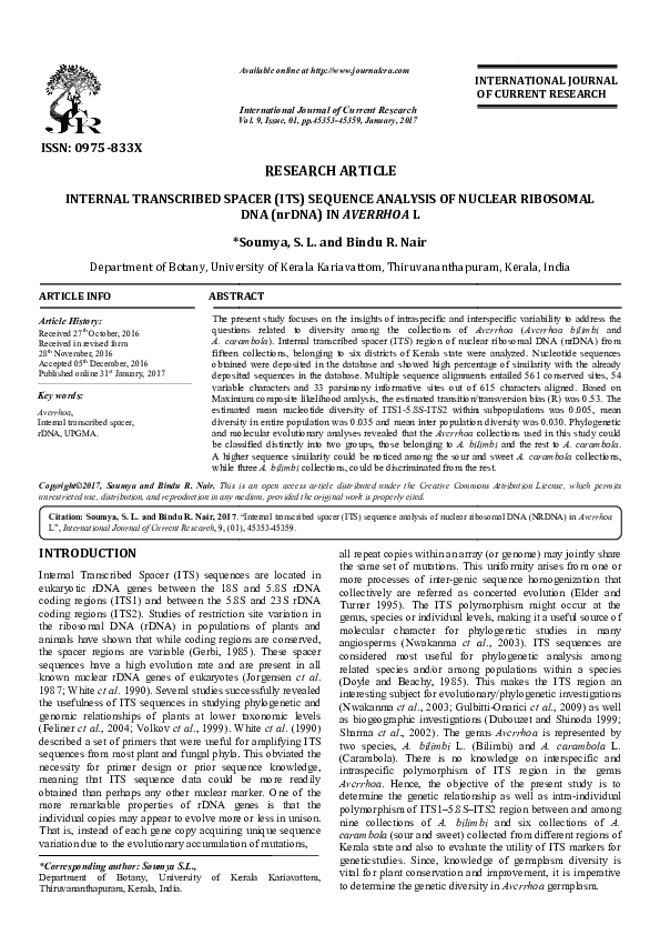 (PDF) INTERNAL TRANSCRIBED SPACER (ITS) SEQUENCE ANALYSIS OF NUCLEAR ...