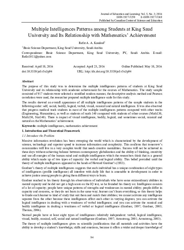 (PDF) Multiple Intelligences Patterns among Students at King Saud ...