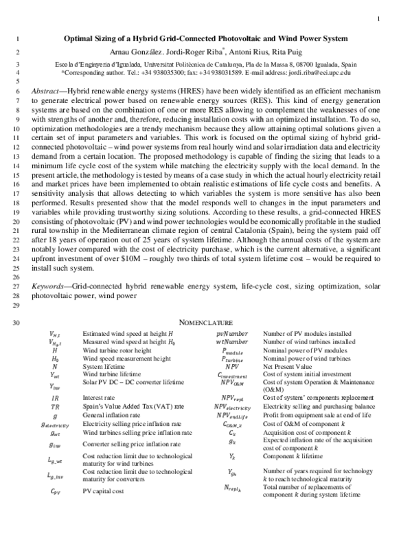 (PDF) Optimal sizing of a hybrid grid-connected photovoltaic and wind ...