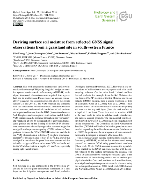 (PDF) Deriving surface soil moisture from reflected GNSS signal ...