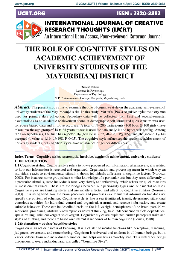 (PDF) The Role of Cognitive Styles on Academic Achievement of ...