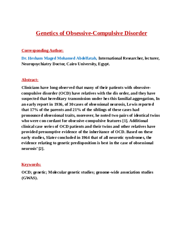 (PDF) Genetics of Obsessive-Compulsive Disorder