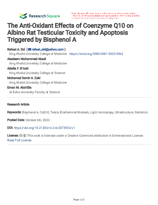(PDF) The Anti-Oxidant Effects of Coenzyme Q10 on Albino Rat Testicular ...
