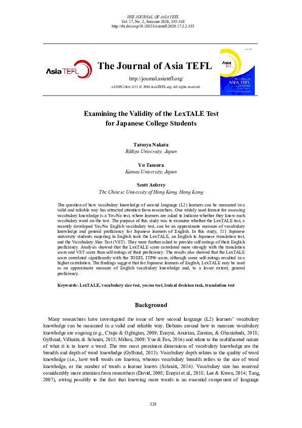(PDF) Examining the Validity of the LexTALE Test for Japanese College ...