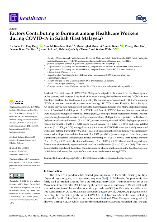 (PDF) Factors Contributing to Burnout among Healthcare Workers during ...