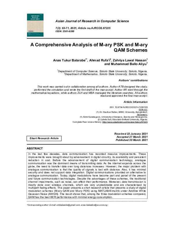 (PDF) A Comprehensive Analysis of M-ary PSK and M-ary QAM Schemes