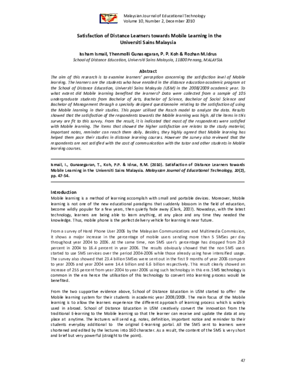 (PDF) Satisfaction of Distance Learners towards Mobile Learning in the ...