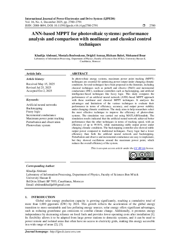 (PDF) ANN-based MPPT for photovoltaic systems: performance analysis and ...