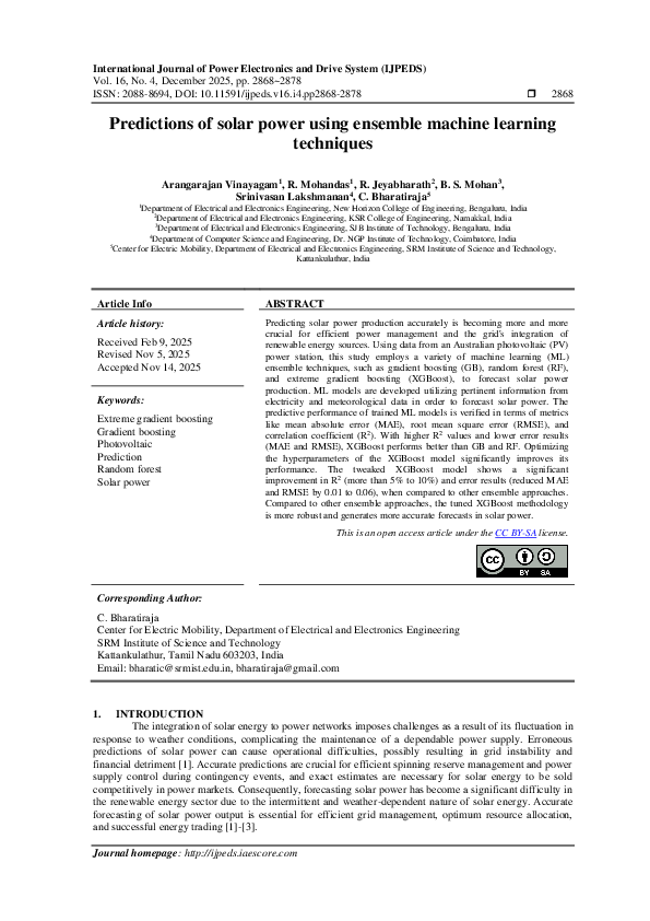 (PDF) Predictions of solar power using ensemble machine learning techniques