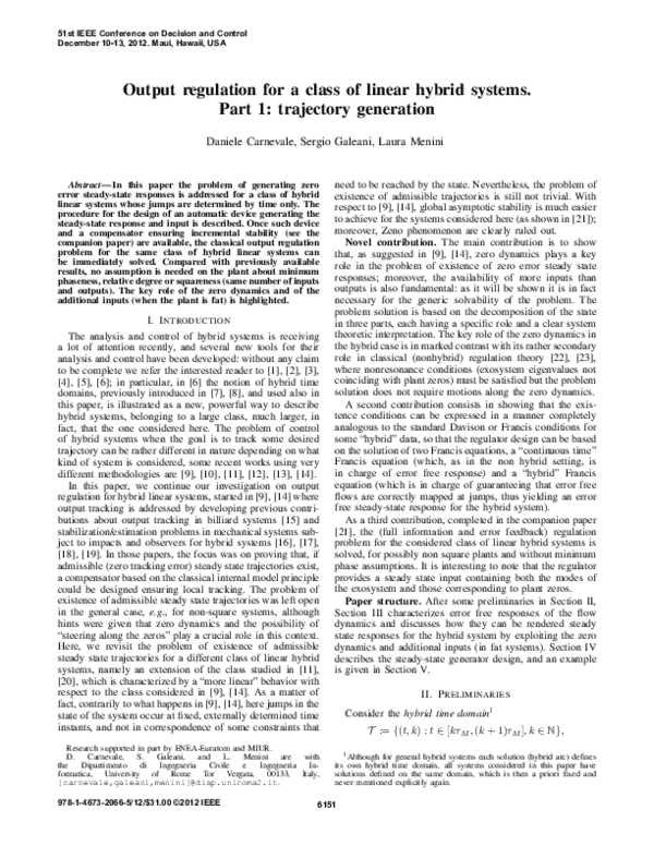 (PDF) Output regulation for a class of linear hybrid systems. Part 1 ...