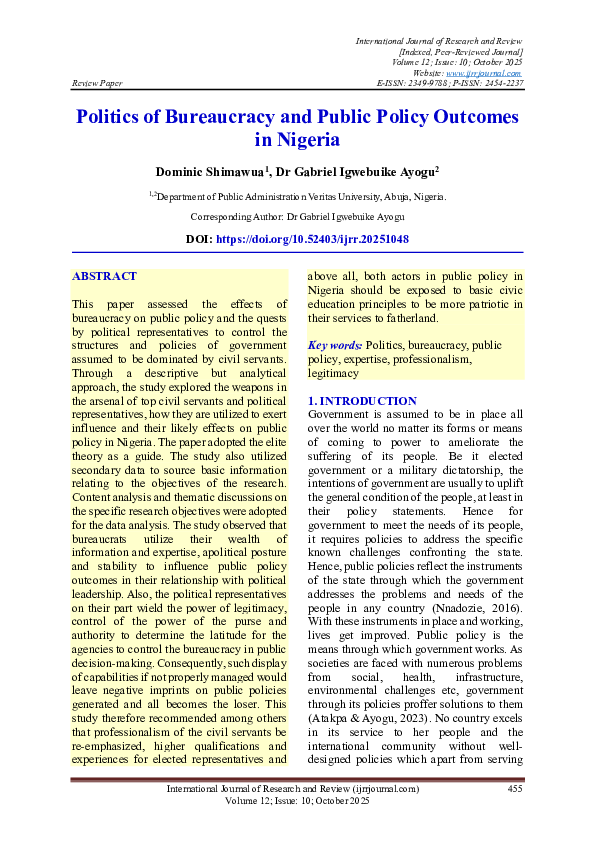 (PDF) Politics of Bureaucracy and Public Policy Outcomes in Nigeria