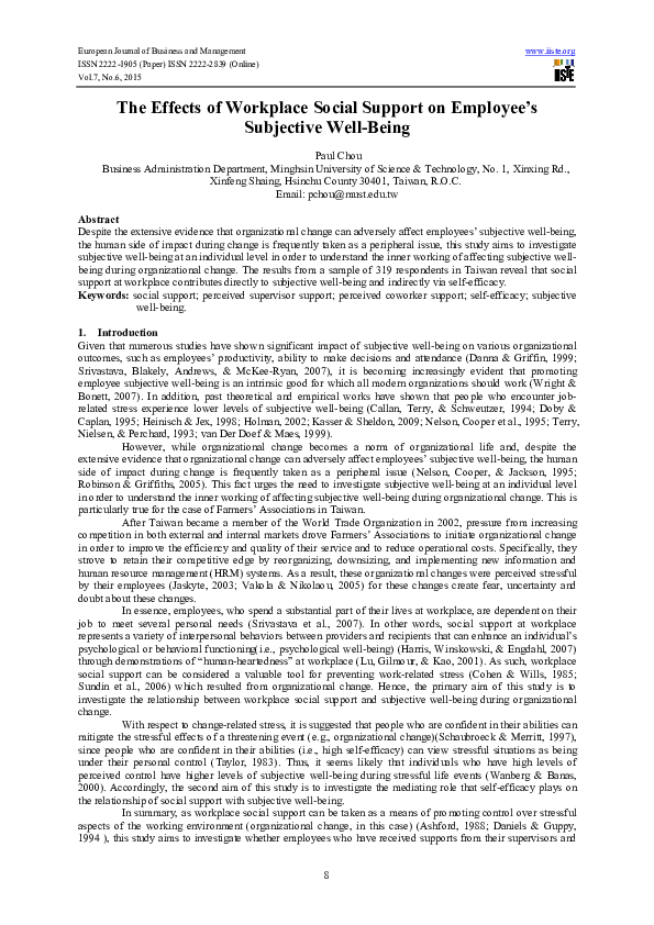 (PDF) The Effects of Workplace Social Support on Employee’s Subjective ...
