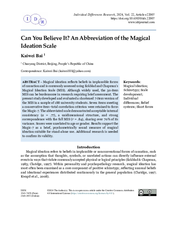 (PDF) Can You Believe It? An Abbreviation of the Magical Ideation Scale