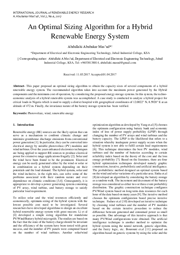 (PDF) An Optimal Sizing Algorithm for a Hybrid Renewable Energy System