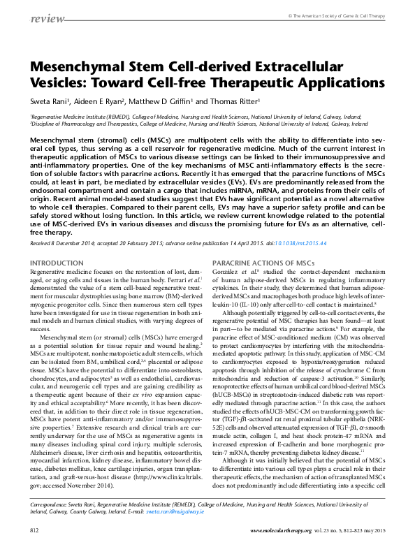 (PDF) Mesenchymal Stem Cell-derived Extracellular Vesicles: Toward Cell ...