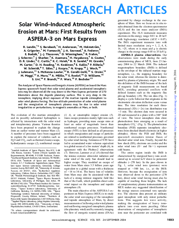 (PDF) Solar Wind-Induced Atmospheric Erosion at Mars: First Results ...