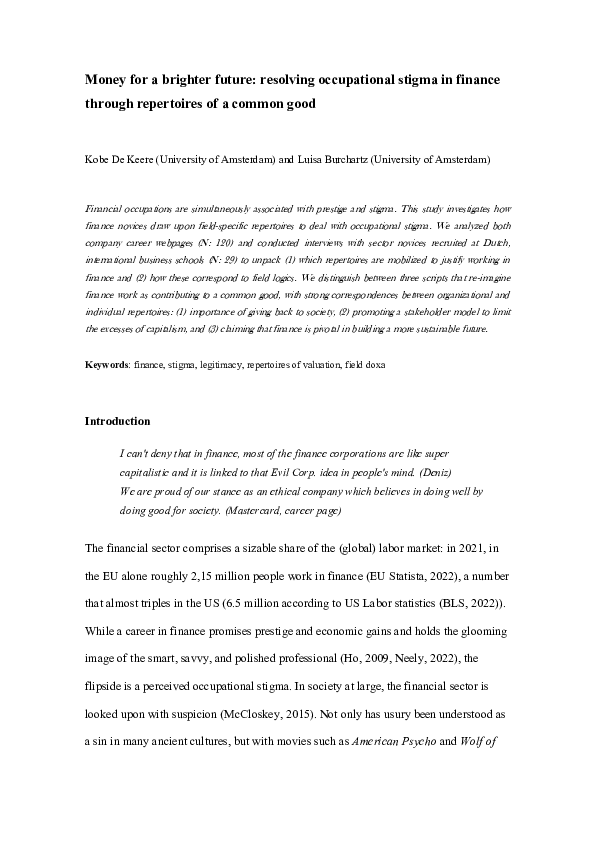 (PDF) Money for a brighter future: resolving occupational stigma in ...