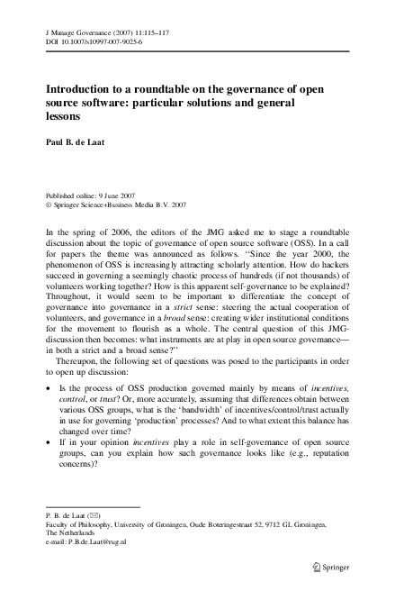 (PDF) Introduction to a roundtable on the governance of open source ...
