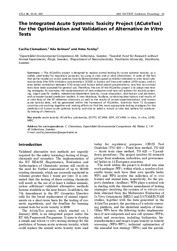 (PDF) The Integrated Acute Systemic Toxicity Project (ACuteTox) for the ...