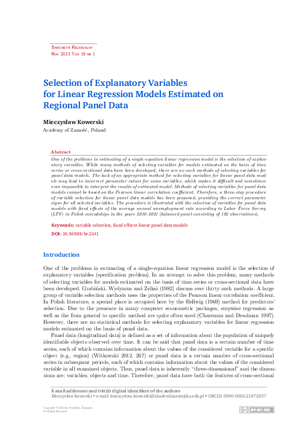 (PDF) Selection of Explanatory Variables for Linear Regression Models ...