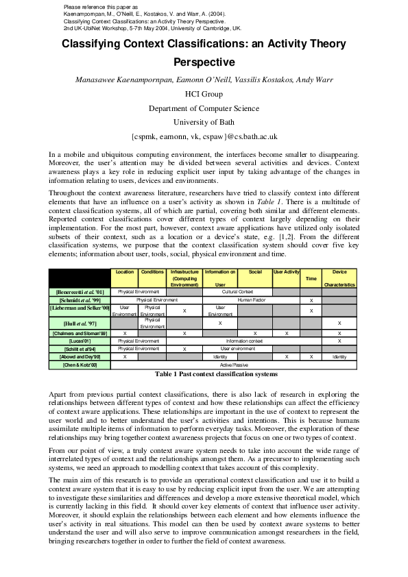 (PDF) Classifying Context Classifications: an Activity Theory Perspective