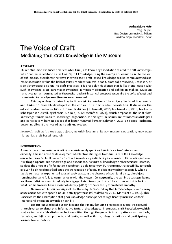 (PDF) The Voice of Craft - Mediating Tacit Craft Knowledge in the Museum