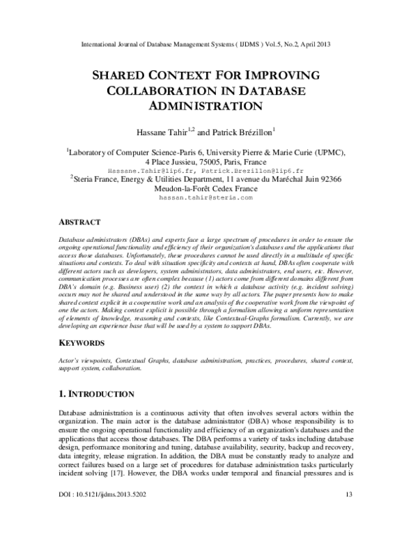 (PDF) Shared Context for Improving Collaboration in Database Administration