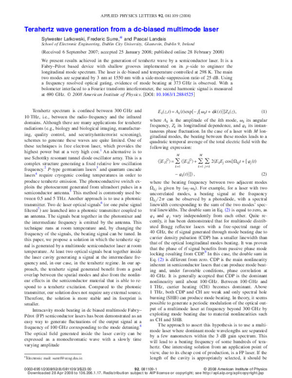 (PDF) Terahertz wave generation from a dc-biased multimode laser