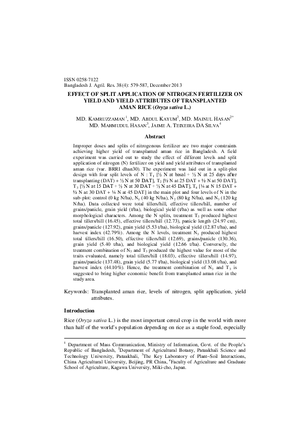 (PDF) Effect of split application of nitrogen fertilizer on yield and ...