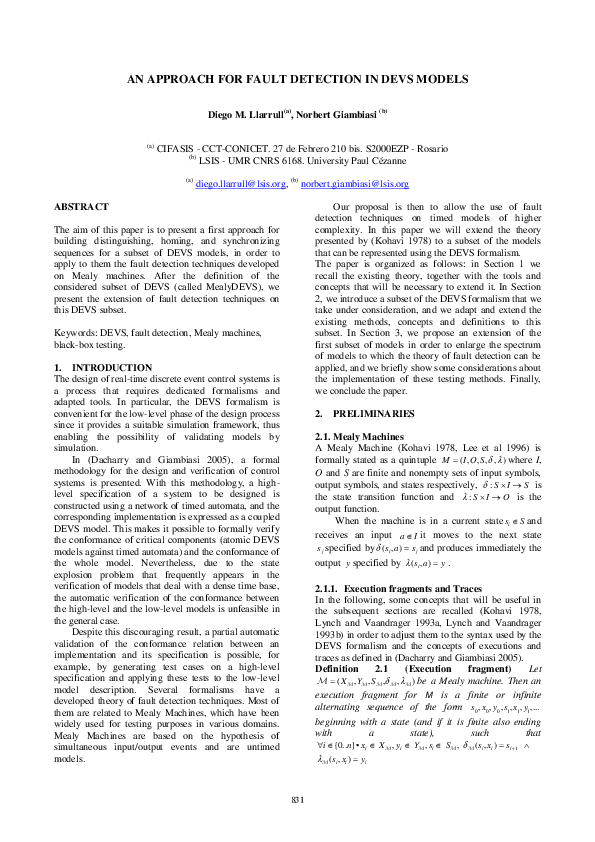 (PDF) An approach for fault detection in DEVS models